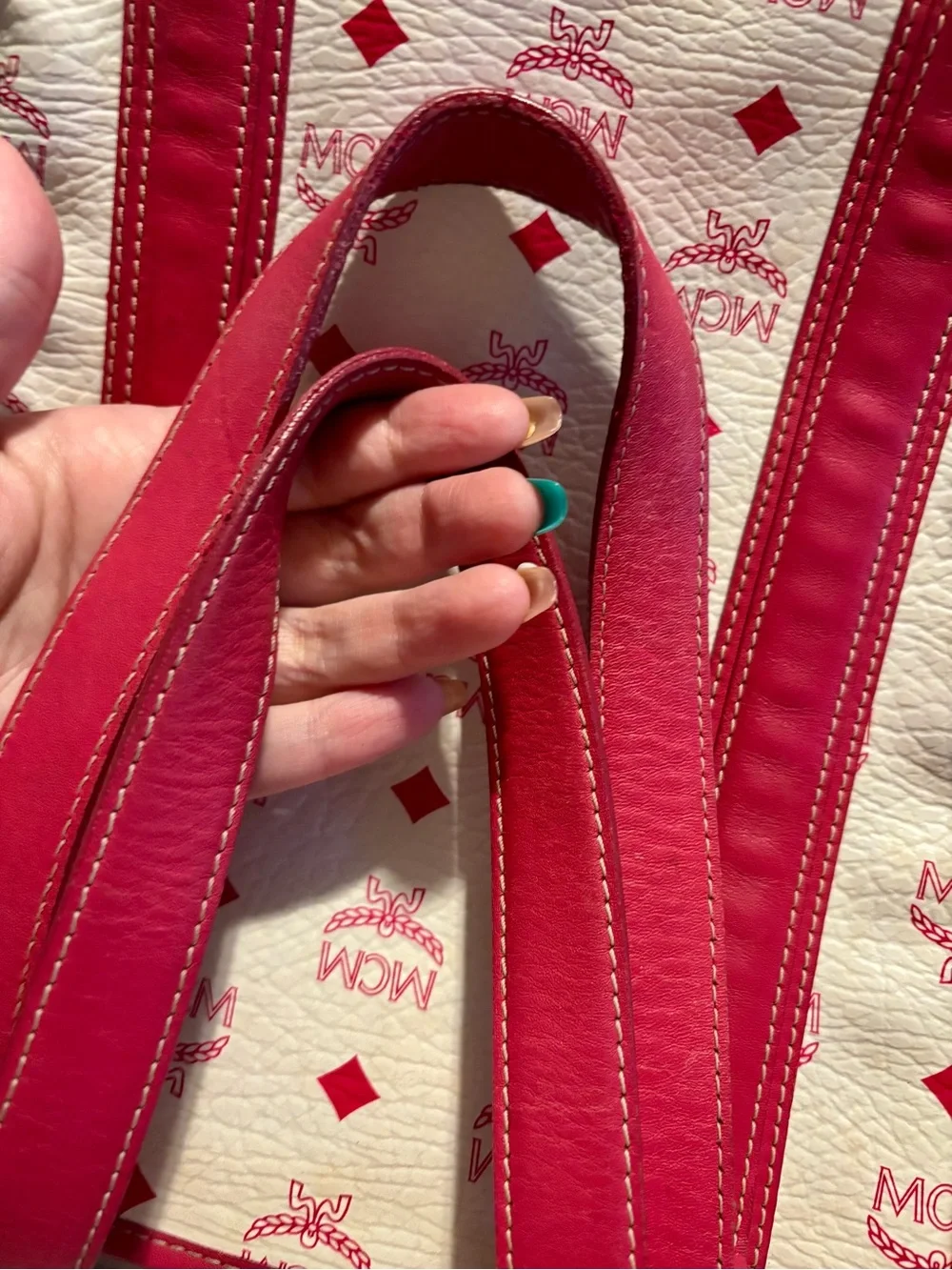 RARE MCM White & Pink Visetos & Leather Vertical Tote Bag